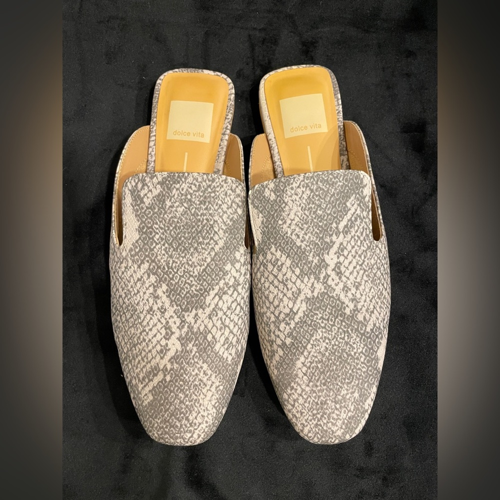 Dolce Vita slide/mule gently used snake skin embossed vegan leather.